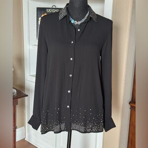 Studio F‎ Black Rhinestone Chiffon Button Down Shirt